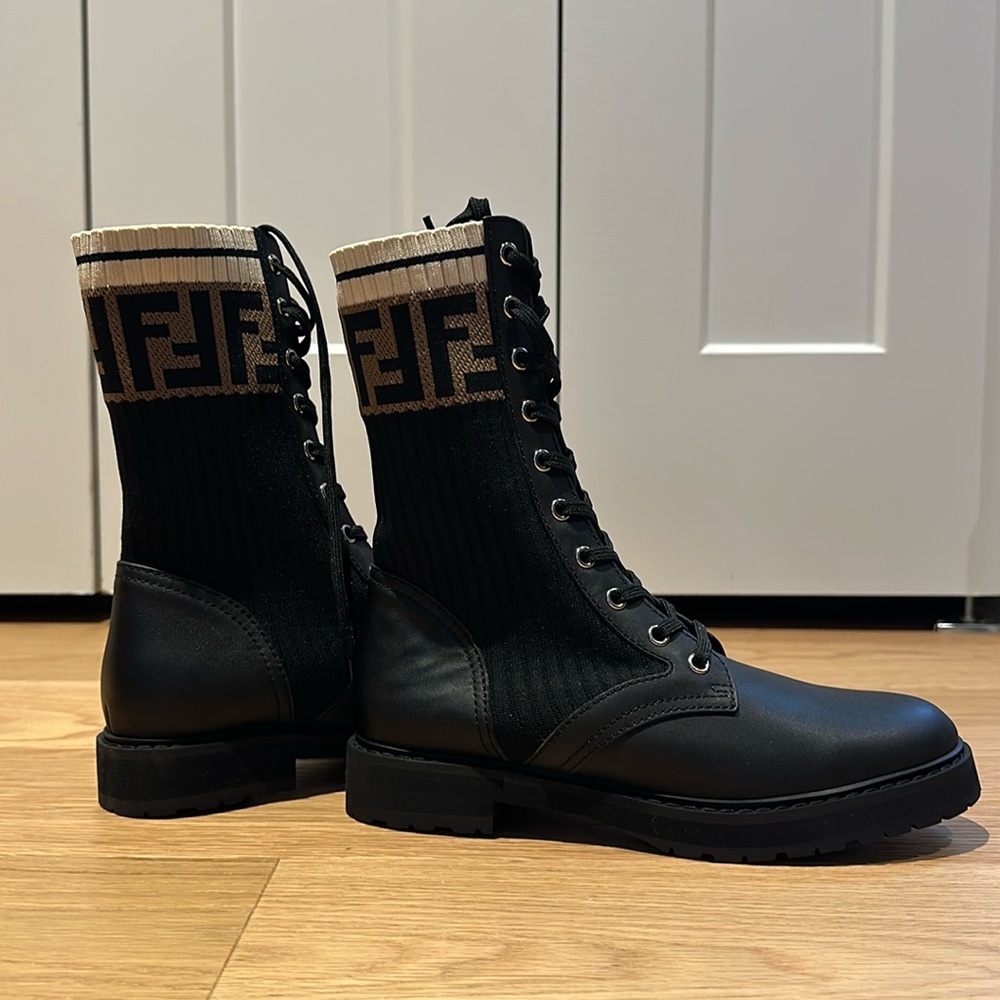 Fendi Rockoko Boots - Black leather biker boots with stretch fabric